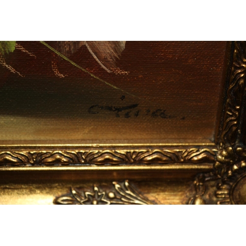 537 - 2 x Ornately Framed Still Life Oil on Board Paintings - Signed Christine - 34cm x 29cm