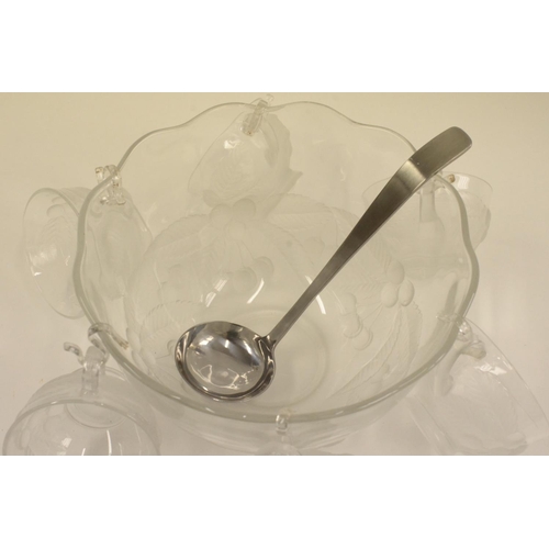 110 - Opaque Glass Punch Bowl with 6 Cups, Drip Dish, Label and cork Screw