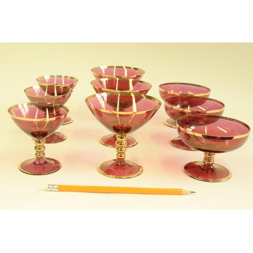 112 - Cranberry Coloured Gold rim Glasses 3 Champagne, 3 Cocktail and 3 Small Glasses