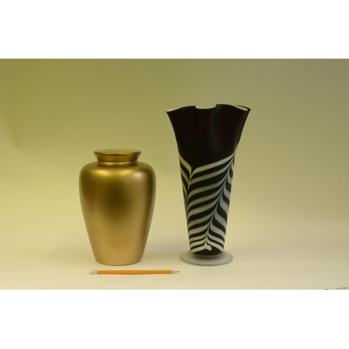 116 - 2 vases One Glass Wavy top vase and 1 Gold Colour vase