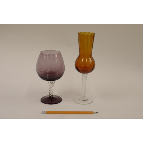 130 - 2 x Coloured Glasses 1 Thistle Shape Orange and 1 Brandy Shape Purple