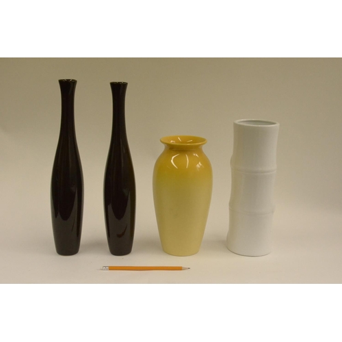 131 - 2 x Brown Stem Vases 40cm, 1 x Yellow Vase 22cm and 1 x White bamboo style 30cm