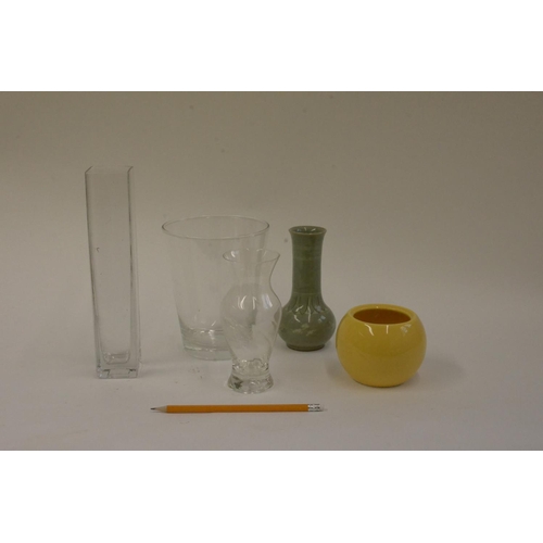 144 - 5 x Various Vases 3 Clear, 1 Yellow and 1 Green  Various Sizes