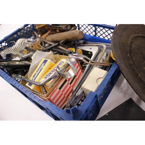 202 - Box containing Vintage Bike Mirror, Locks, Torches and Various items