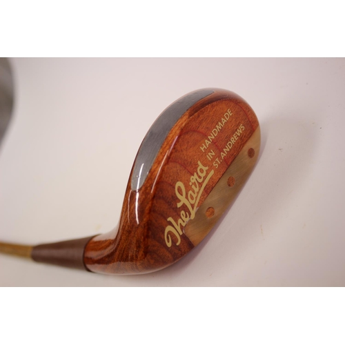 351 - Vintage Handmade Wooden Hickory Golf Club Marked The Laird Handmade in St Andrews including Tartan C... 