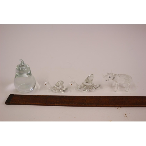 378 - Four Clear Glass Items Including 2 Snails, A Rhino and a Pear