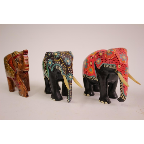 382 - Hand Painted Elephant Collection, Wooden Carved & Pottery