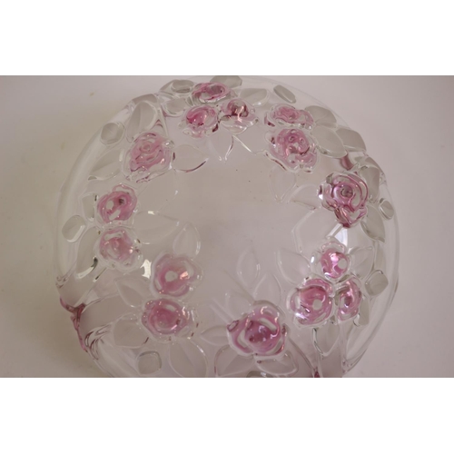 384 - Decorative Glass Bowl Cranberry Colour Edging, Floral Base