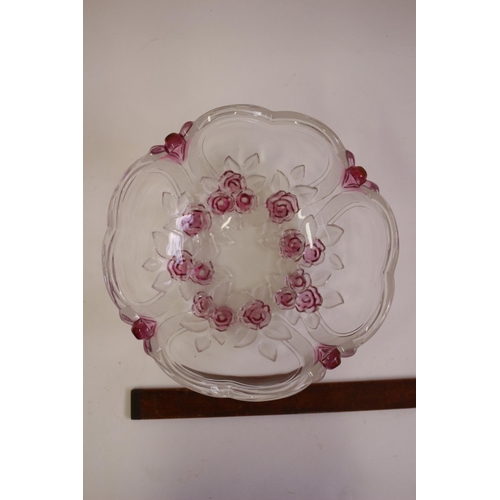 384 - Decorative Glass Bowl Cranberry Colour Edging, Floral Base