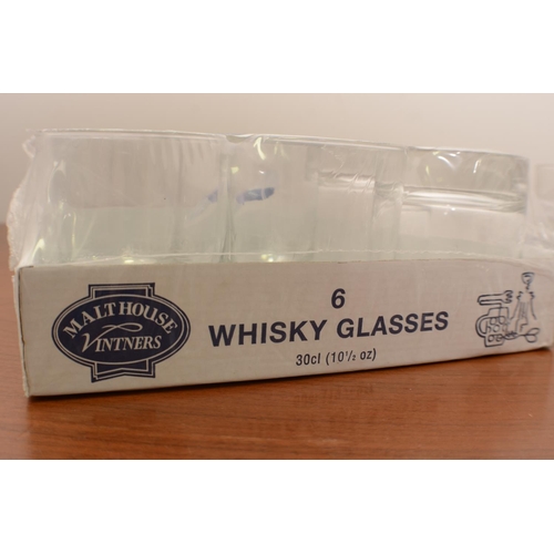 573 - 18 New in Boxes Whiskey Glasses Malt House Vinners