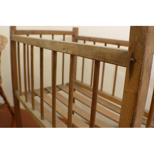 574 - 1 x Wooden Doll Cradle 54x58x34cm
1 x Childs Wicker Chair 49x38cm