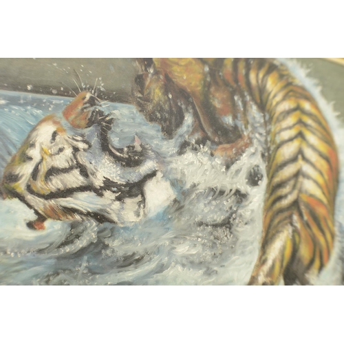 580 - Original Oil On Board Framed, Tigers Fighting in Water Dates 82
59x47cm