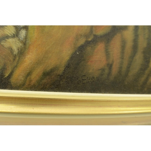 582 - Original Oil on Board Framed Two Tiger Cubs Playing P 82
59x47cm