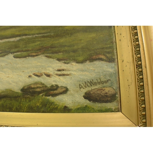 585 - Oil On Canvas Dated July 1927 Salmon Fishing in Wales  Framed, small tear in canvas 68x47cm