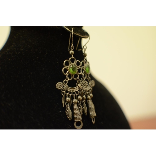 620 - Pair of Ornate Twisted Metal Earrings with Green stones 6cm