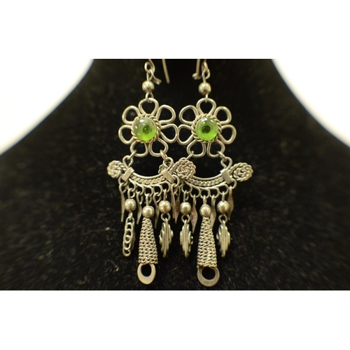 620 - Pair of Ornate Twisted Metal Earrings with Green stones 6cm