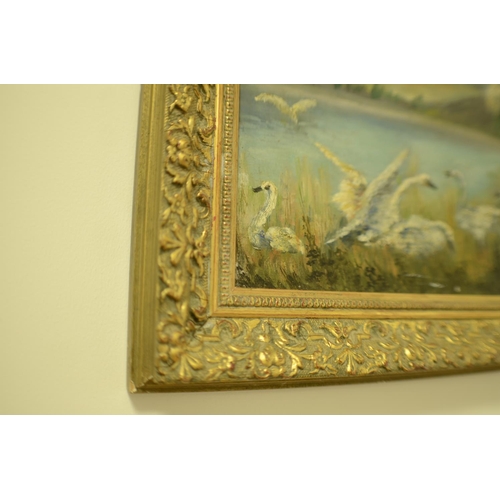 633 - Oil on Board Painting of Swans on a Lake in an Ornate Frame 73cm x 46cm