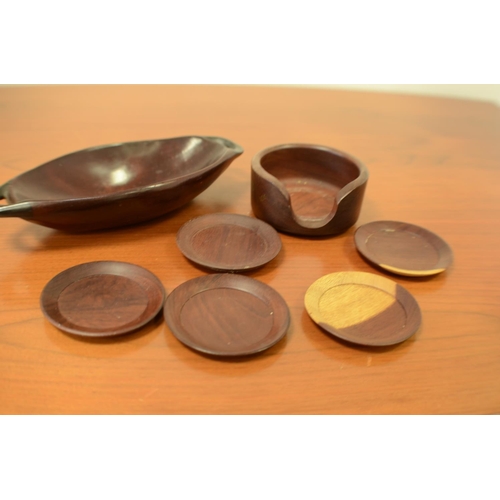 747 - Wooden dish with Handles and 5 Wooden Coasters in Holder