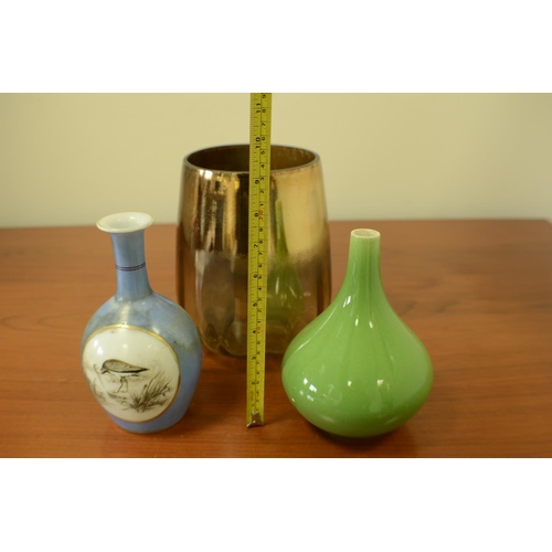 765 - 3 Vases all different 1 green, 1 Blue with a Bird on and a larger one with Gold to the Top