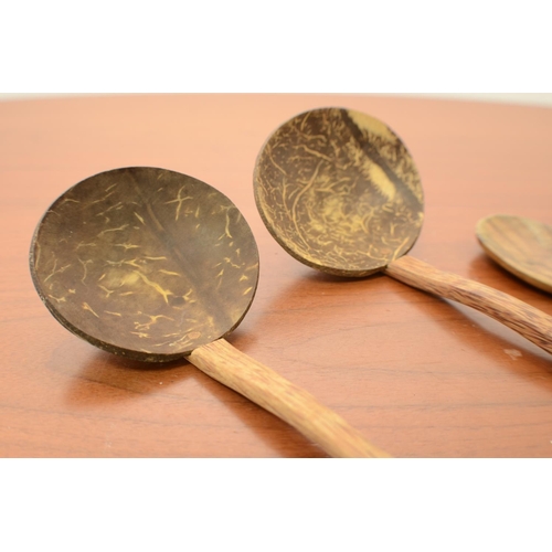 795 - A Salad Server Spoon and Fork plus 2 Coconut Shell Spoons plus a wooden spoon( All Wooden)