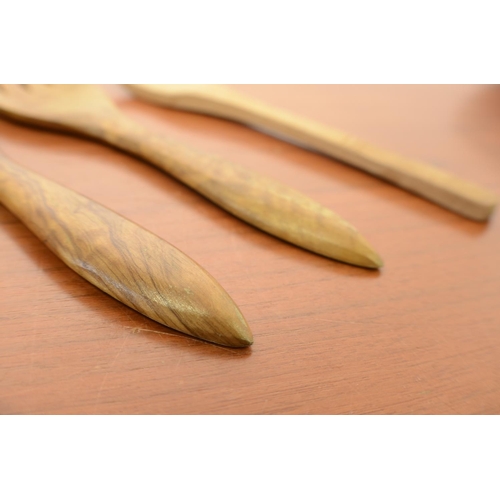 795 - A Salad Server Spoon and Fork plus 2 Coconut Shell Spoons plus a wooden spoon( All Wooden)