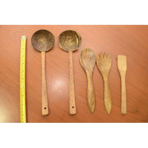 795 - A Salad Server Spoon and Fork plus 2 Coconut Shell Spoons plus a wooden spoon( All Wooden)