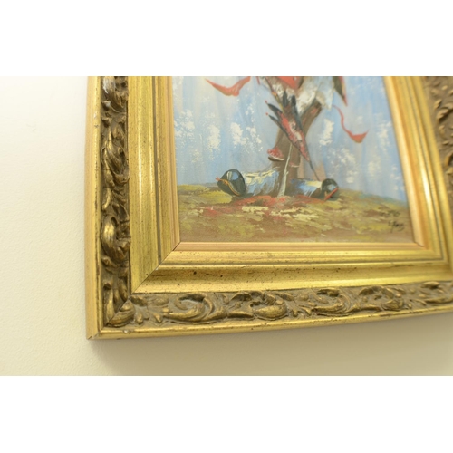 799 - Oil on board of a Clown in a gold ornate frame signed ???