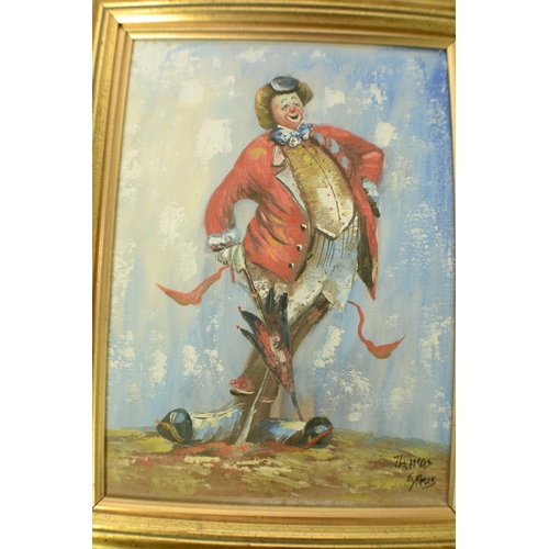 799 - Oil on board of a Clown in a gold ornate frame signed ???