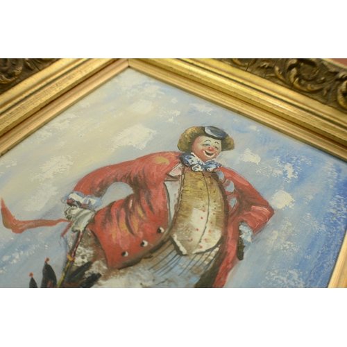 799 - Oil on board of a Clown in a gold ornate frame signed ???