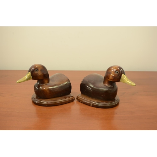 807 - Wooden Duck Book Ends with brass Beaks