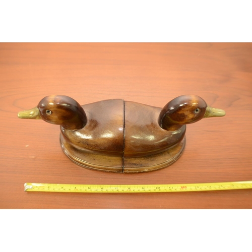 807 - Wooden Duck Book Ends with brass Beaks