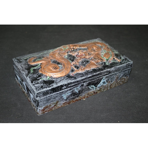 215 - Heavy Oriental Metal Tin with Raised Dragons on Lid