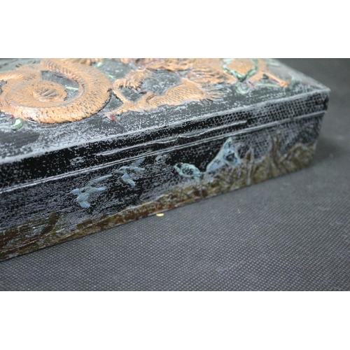 215 - Heavy Oriental Metal Tin with Raised Dragons on Lid