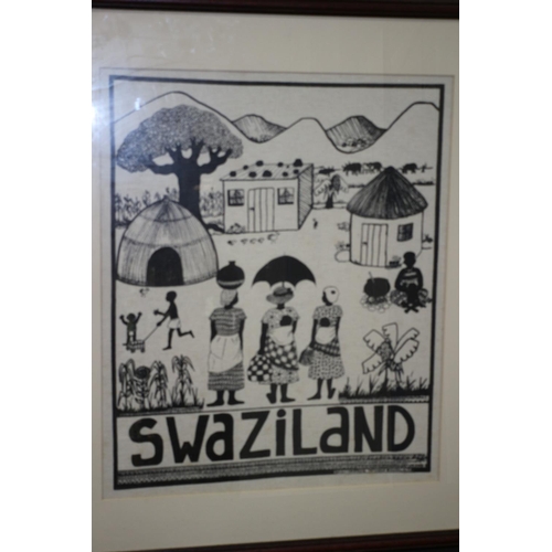 230 - Swaziland On Fabric Village scene Framed and Glazed Neutral Colour 68x 60cm