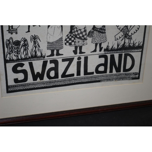 230 - Swaziland On Fabric Village scene Framed and Glazed Neutral Colour 68x 60cm