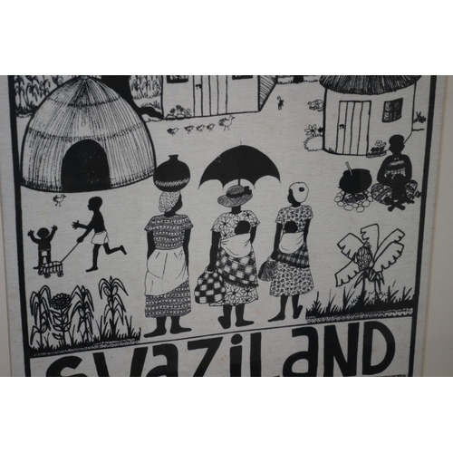 230 - Swaziland On Fabric Village scene Framed and Glazed Neutral Colour 68x 60cm