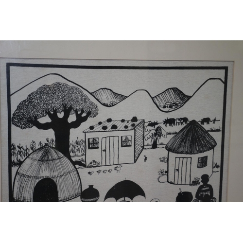 230 - Swaziland On Fabric Village scene Framed and Glazed Neutral Colour 68x 60cm