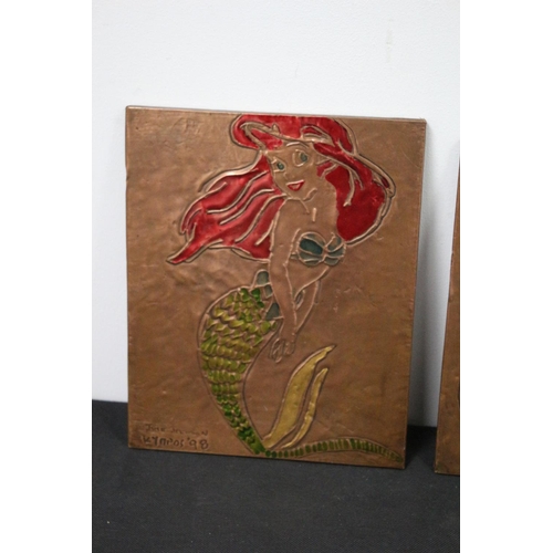 233 - 2 x Copper Pictures one of a mermaid and the other of a Black cat by Kym Pos 1998 size of largest 10... 