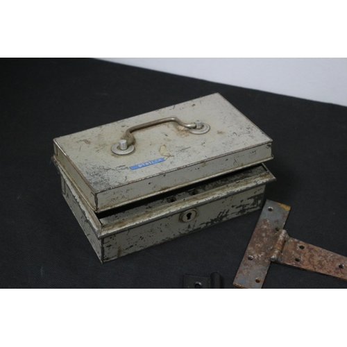 235 - Selection of Metal  Gate Hinges, Tool Box and a Money Box with No Key