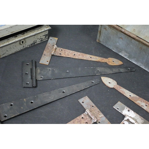 235 - Selection of Metal  Gate Hinges, Tool Box and a Money Box with No Key