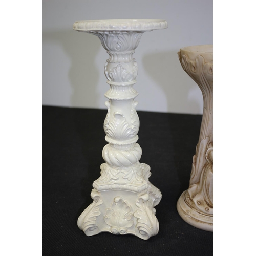 262 - A Composite Candle Holder, A Composite Figurines and White Glass Bon Bon Dish/ challis