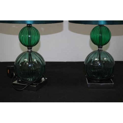 266 - 2 x Bedside Lights Green Colour Glass Stems Working