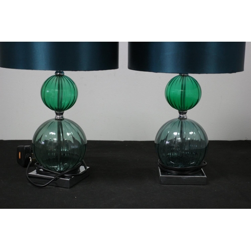 266 - 2 x Bedside Lights Green Colour Glass Stems Working