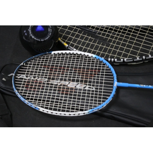 292 - Tennis and Badminton Rackets with Cases, Tripod in case and Microsoft Office Magic Ball