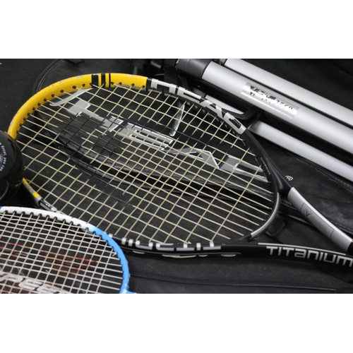 292 - Tennis and Badminton Rackets with Cases, Tripod in case and Microsoft Office Magic Ball