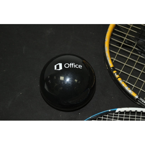 292 - Tennis and Badminton Rackets with Cases, Tripod in case and Microsoft Office Magic Ball