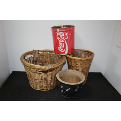 302 - Wicker baskets and 2 Coca Cola Bin plus Pottery Plant Pot