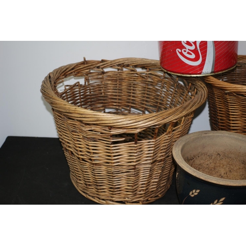 302 - Wicker baskets and 2 Coca Cola Bin plus Pottery Plant Pot