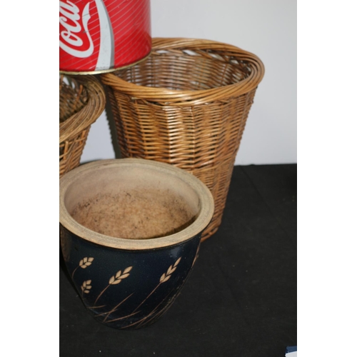 302 - Wicker baskets and 2 Coca Cola Bin plus Pottery Plant Pot