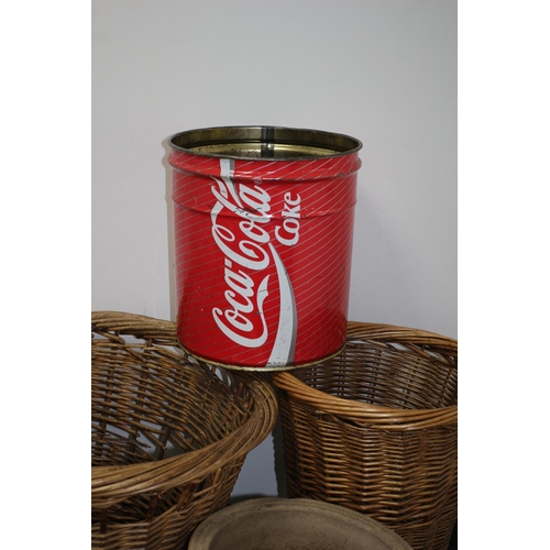 302 - Wicker baskets and 2 Coca Cola Bin plus Pottery Plant Pot